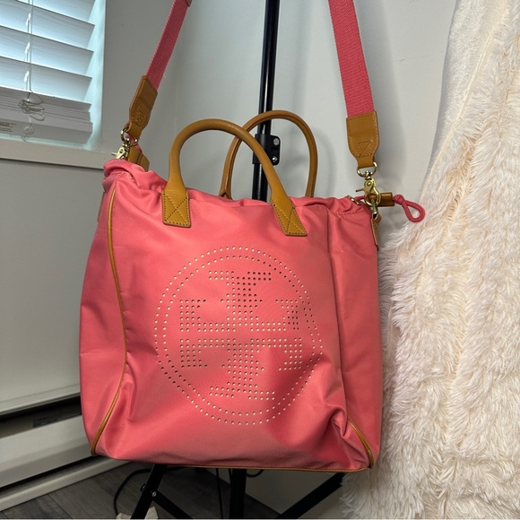 Tory Burch Pink Tote Crossbody Bag Purse Leather Handle Nylon Handbag - Picture 8 of 14